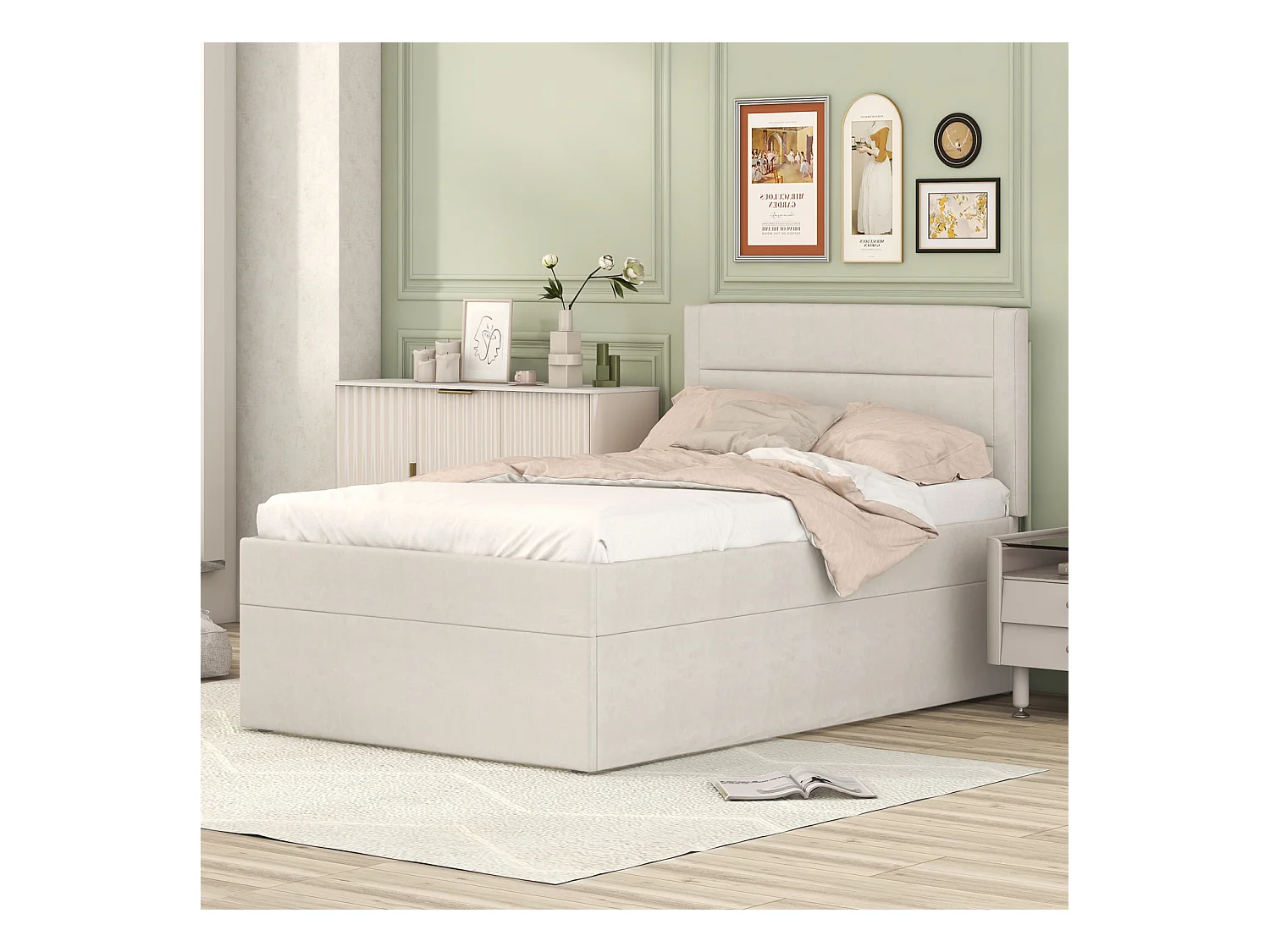 Lit coffre simple 90x200cm - Lit simple capitonné avec sommier à lattes structure en métal Grand Espace - Beige