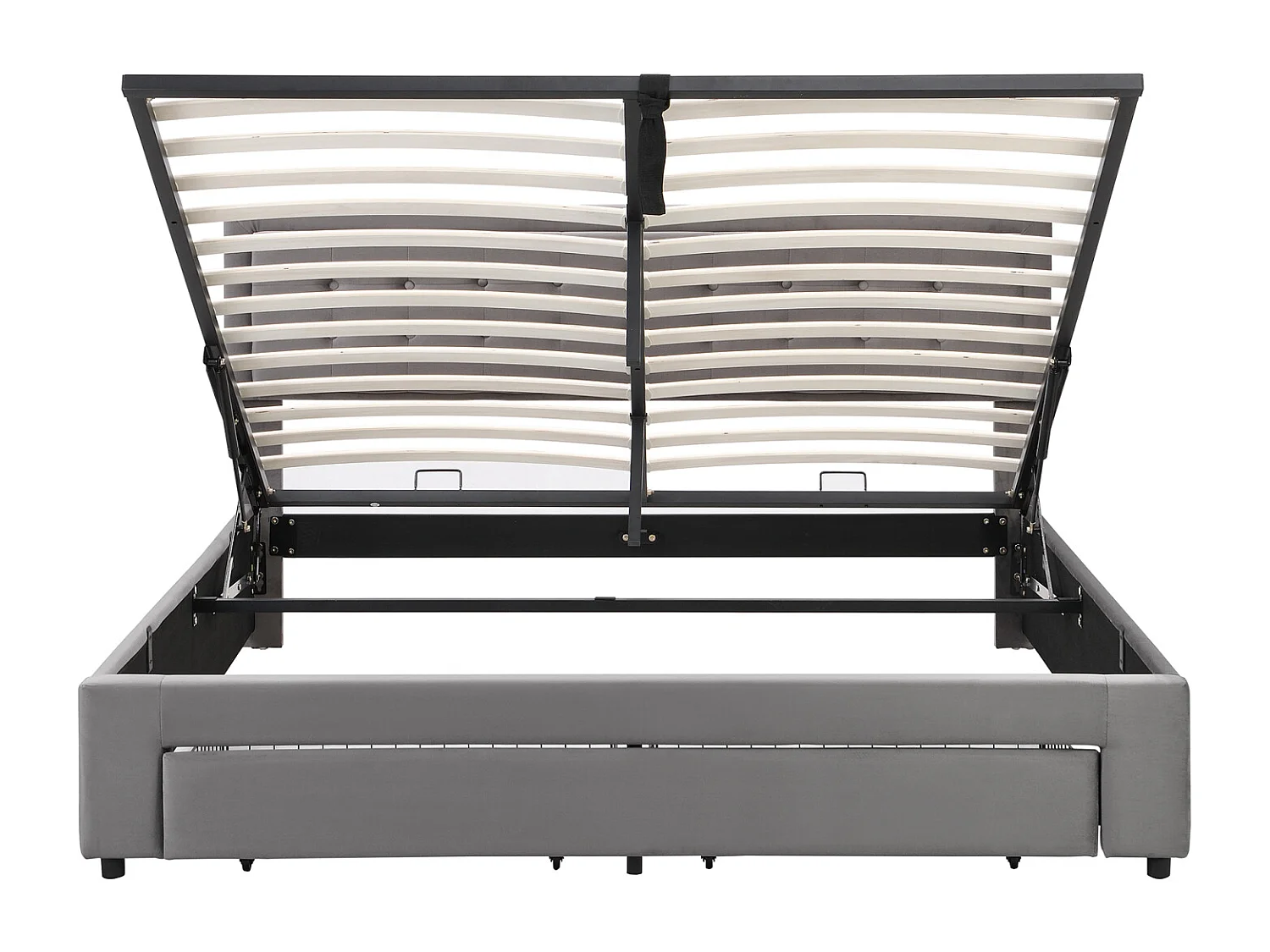 Lit coffre 140x200cm, lit double rembourré avec sommier à lattes et tête de lit réglable avec 2 tiroirs, tissu en velours, gris