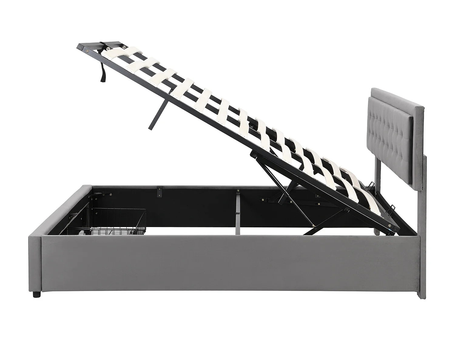 Lit coffre 140x200cm, lit double rembourré avec sommier à lattes et tête de lit réglable avec 2 tiroirs, tissu en velours, gris