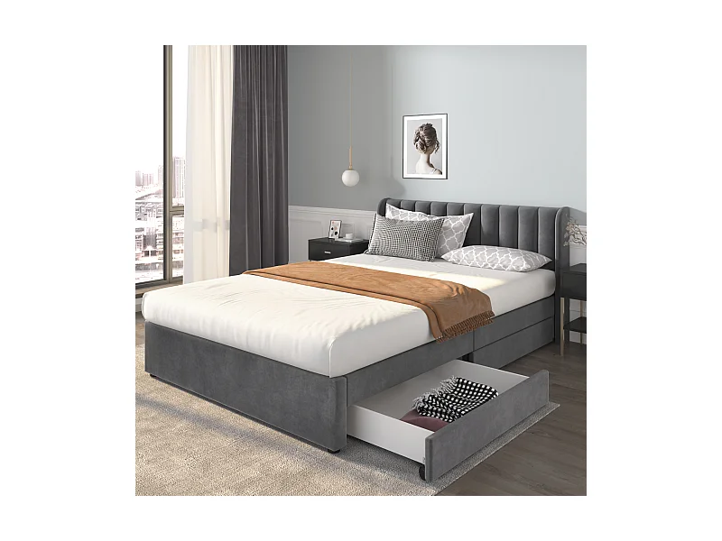 Doppelbett 140x200cm, Samtpolsterbett, mit 2 Schubladen, Lattenrost und Kopfteil, grau