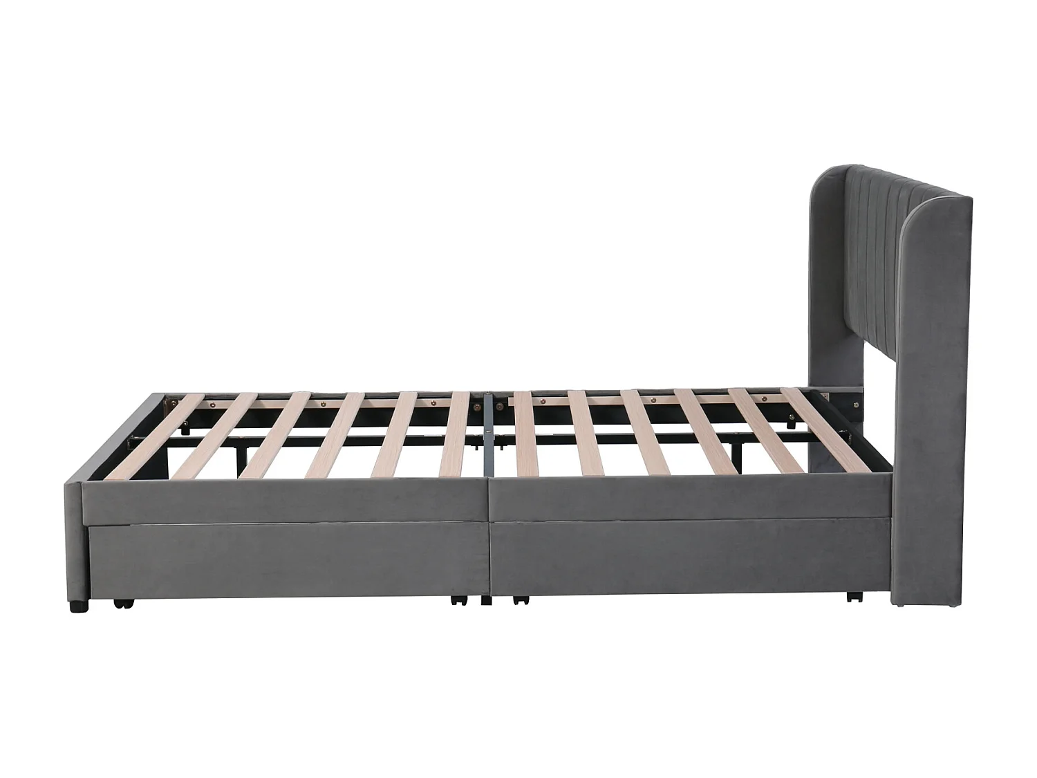 Cama de matrimonio 140x200cm, tapizada en terciopelo, con 2 cajones, somier de láminas y cabecero, color gris