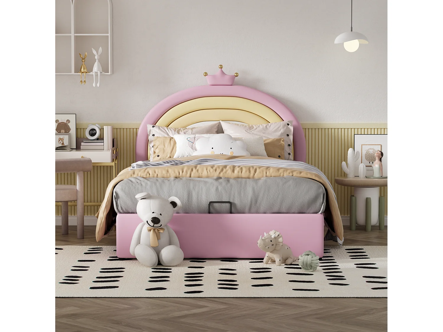 Lit coffre d'enfant, lit fille rembourré avec sommier à lattes et tête de lit beau réglable en hauteur, PU, rose, 140x200cm