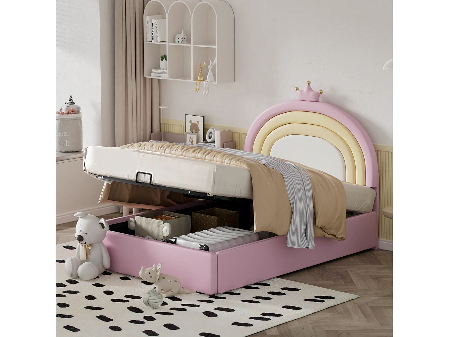 Lit coffre d'enfant, lit fille rembourré avec sommier à lattes et tête de lit beau réglable en hauteur, PU, rose, 140x200cm