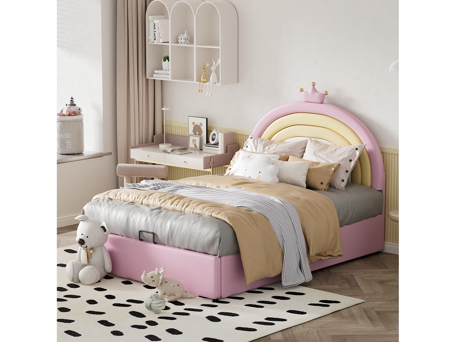 Lit coffre d'enfant, lit fille rembourré avec sommier à lattes et tête de lit beau réglable en hauteur, PU, rose, 140x200cm