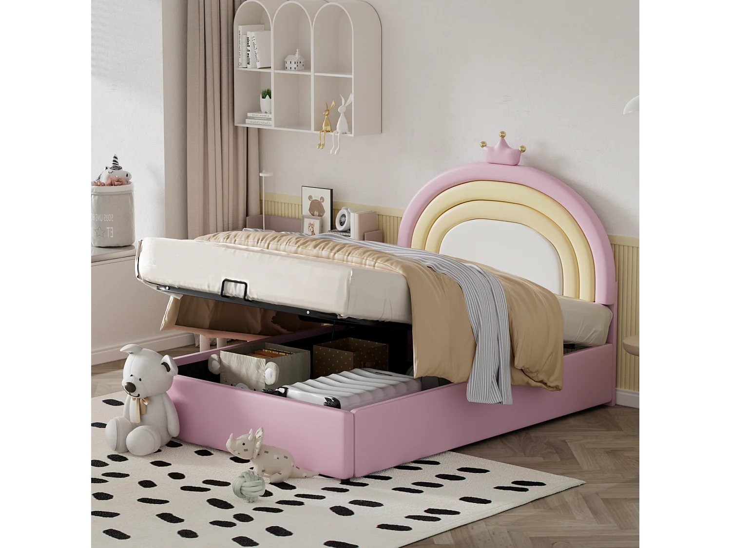 Lit coffre d'enfant, lit fille rembourré avec sommier à lattes et tête de lit beau réglable en hauteur, PU, rose, 140x200cm