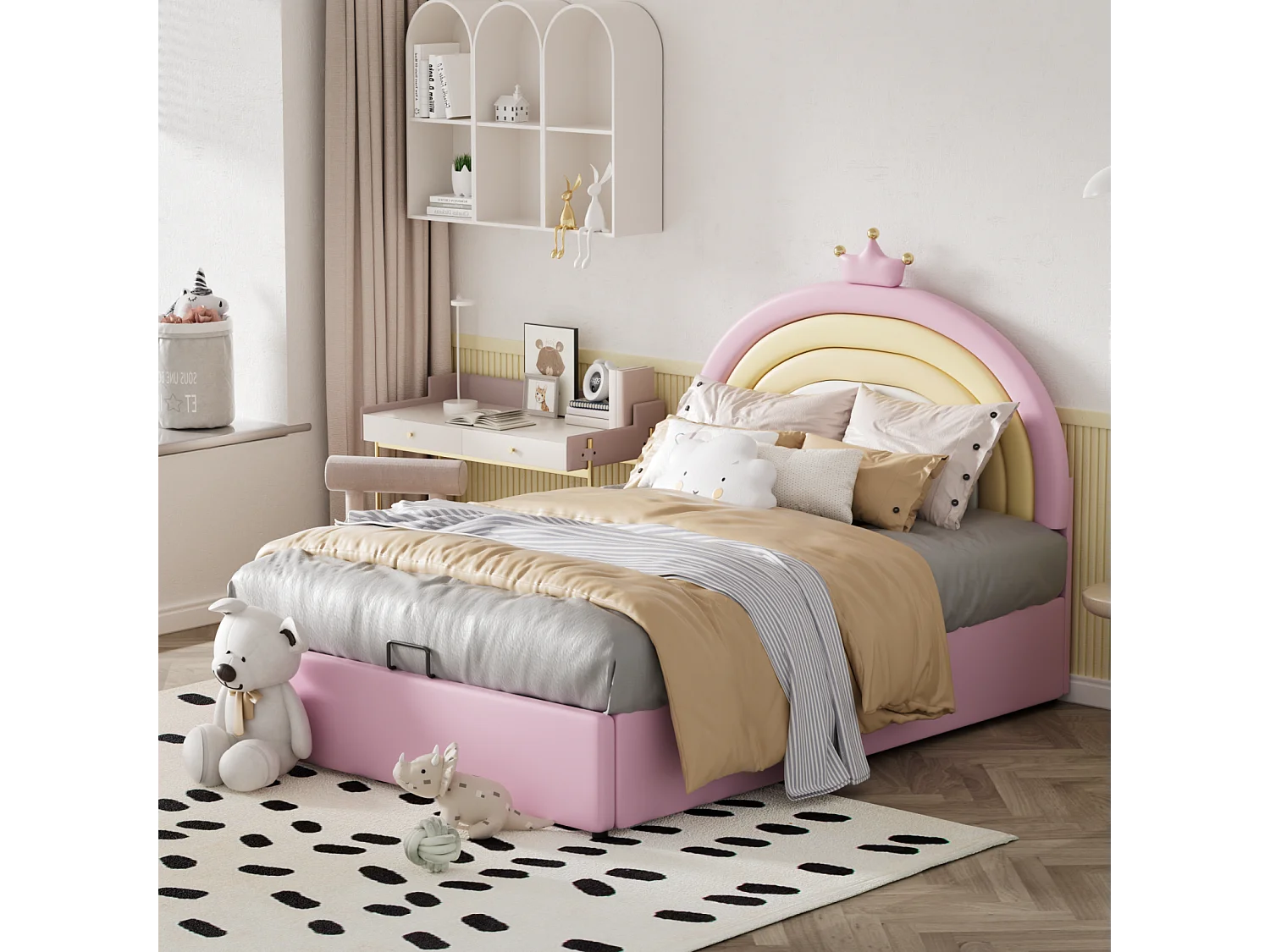 Lit coffre d'enfant, lit fille rembourré avec sommier à lattes et tête de lit beau réglable en hauteur, PU, rose, 140x200cm