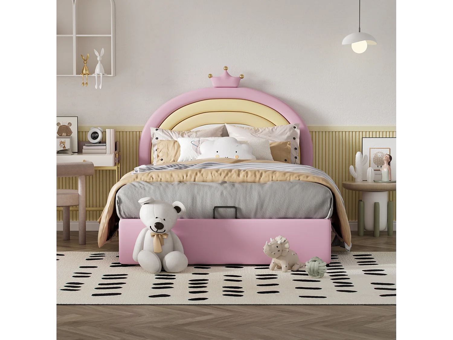 Lit coffre d'enfant, lit fille rembourré avec sommier à lattes et tête de lit beau réglable en hauteur, PU, rose, 140x200cm