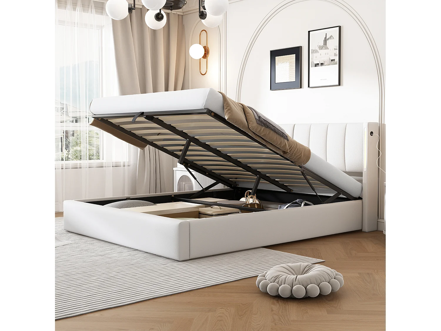 Opbergbed met binaural, PU gestoffeerd bed, met lattenbodem en verstelbaar hoofdeinde LED en USB-poort, Wit 160x200cm