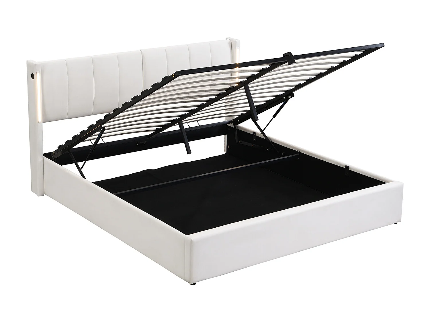 Opbergbed met binaural, PU gestoffeerd bed, met lattenbodem en verstelbaar hoofdeinde LED en USB-poort, Wit 160x200cm