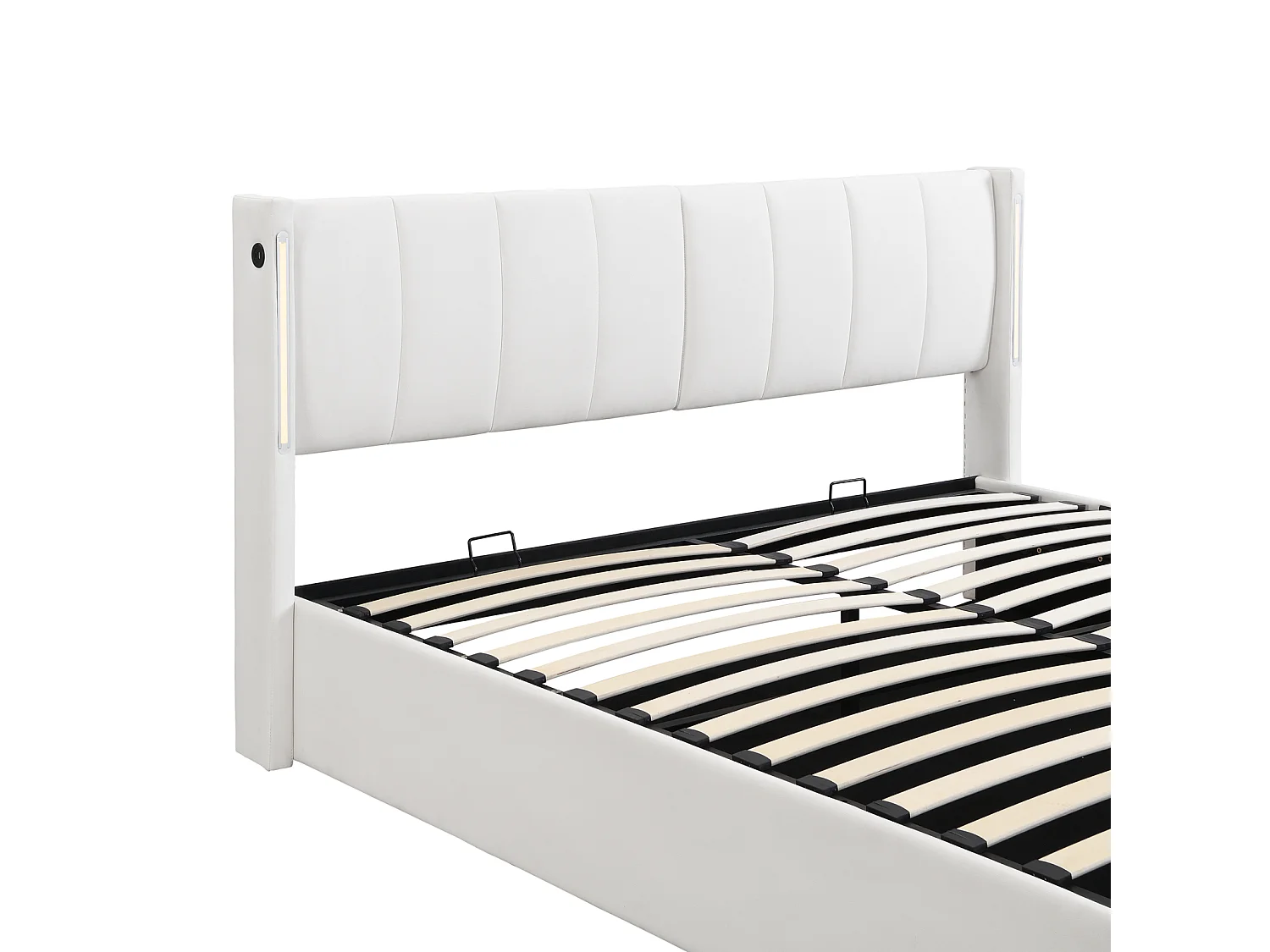 Opbergbed met binaural, PU gestoffeerd bed, met lattenbodem en verstelbaar hoofdeinde LED en USB-poort, Wit 160x200cm