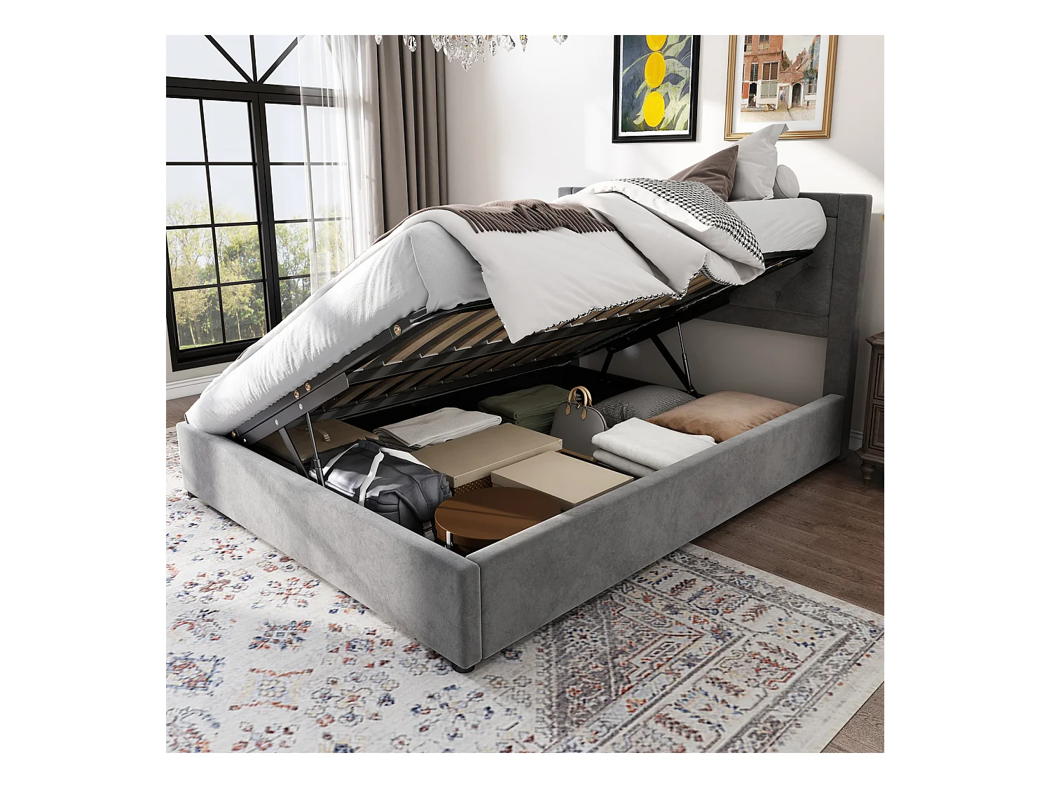 Lit coffre 140x200cm, lit double avec sommier relevable à un côtéstyle Chesterfield, tête de lit remplie de mousse - gris