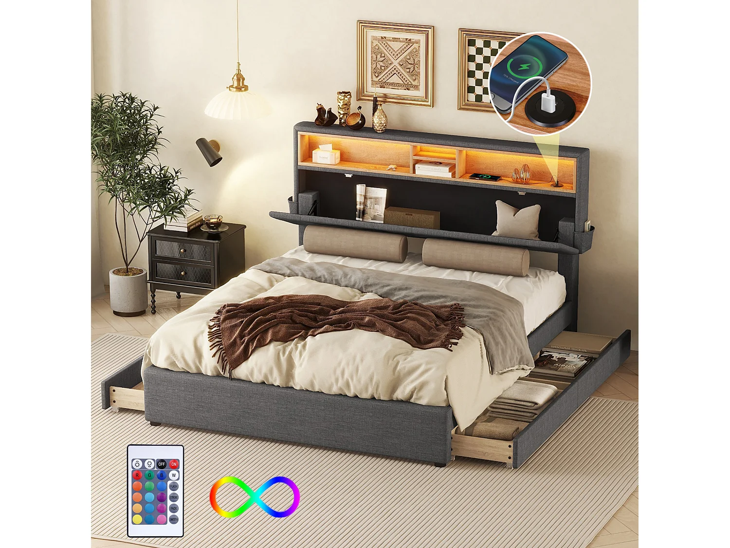 Tweepersoonsbed 140x200 cm, met 4 lades, lattenbodem en opberghoofdbord met USB-oplading en LED, in linnen, grijs