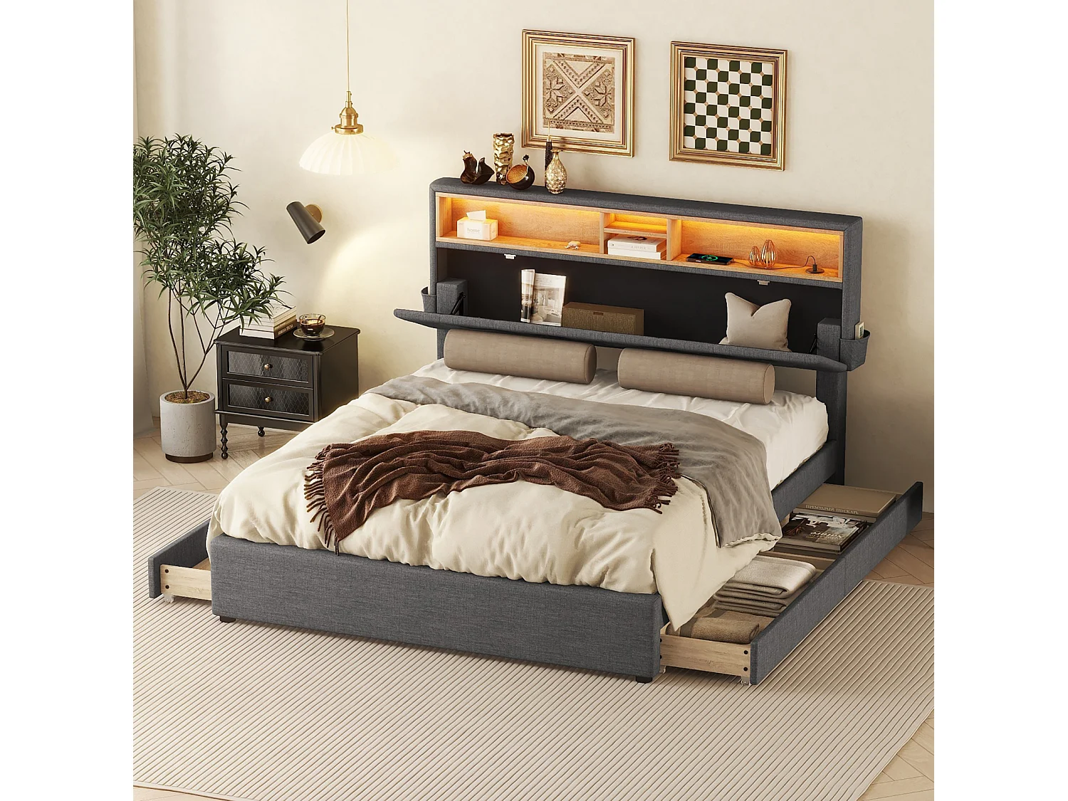 Tweepersoonsbed 140x200 cm, met 4 lades, lattenbodem en opberghoofdbord met USB-oplading en LED, in linnen, grijs