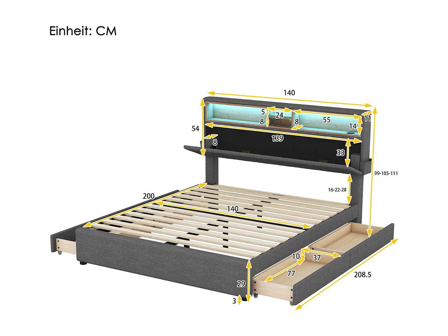 Tweepersoonsbed 140x200 cm, met 4 lades, lattenbodem en opberghoofdbord met USB-oplading en LED, in linnen, grijs