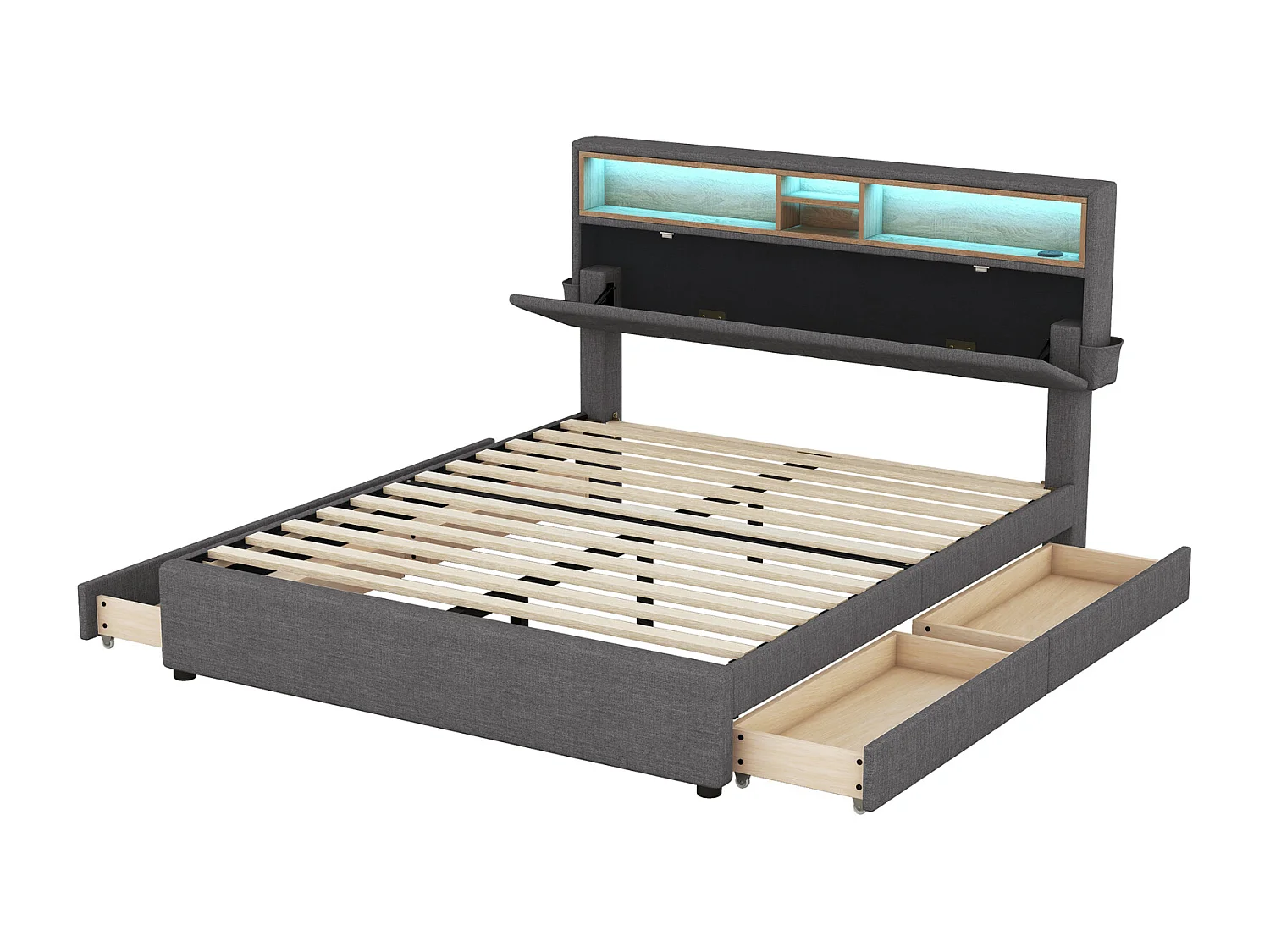 Tweepersoonsbed 140x200 cm, met 4 lades, lattenbodem en opberghoofdbord met USB-oplading en LED, in linnen, grijs