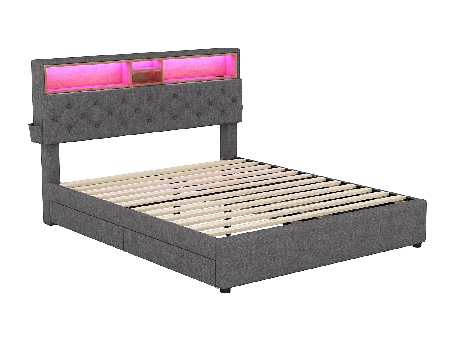 Tweepersoonsbed 140x200 cm, met 4 lades, lattenbodem en opberghoofdbord met USB-oplading en LED, in linnen, grijs