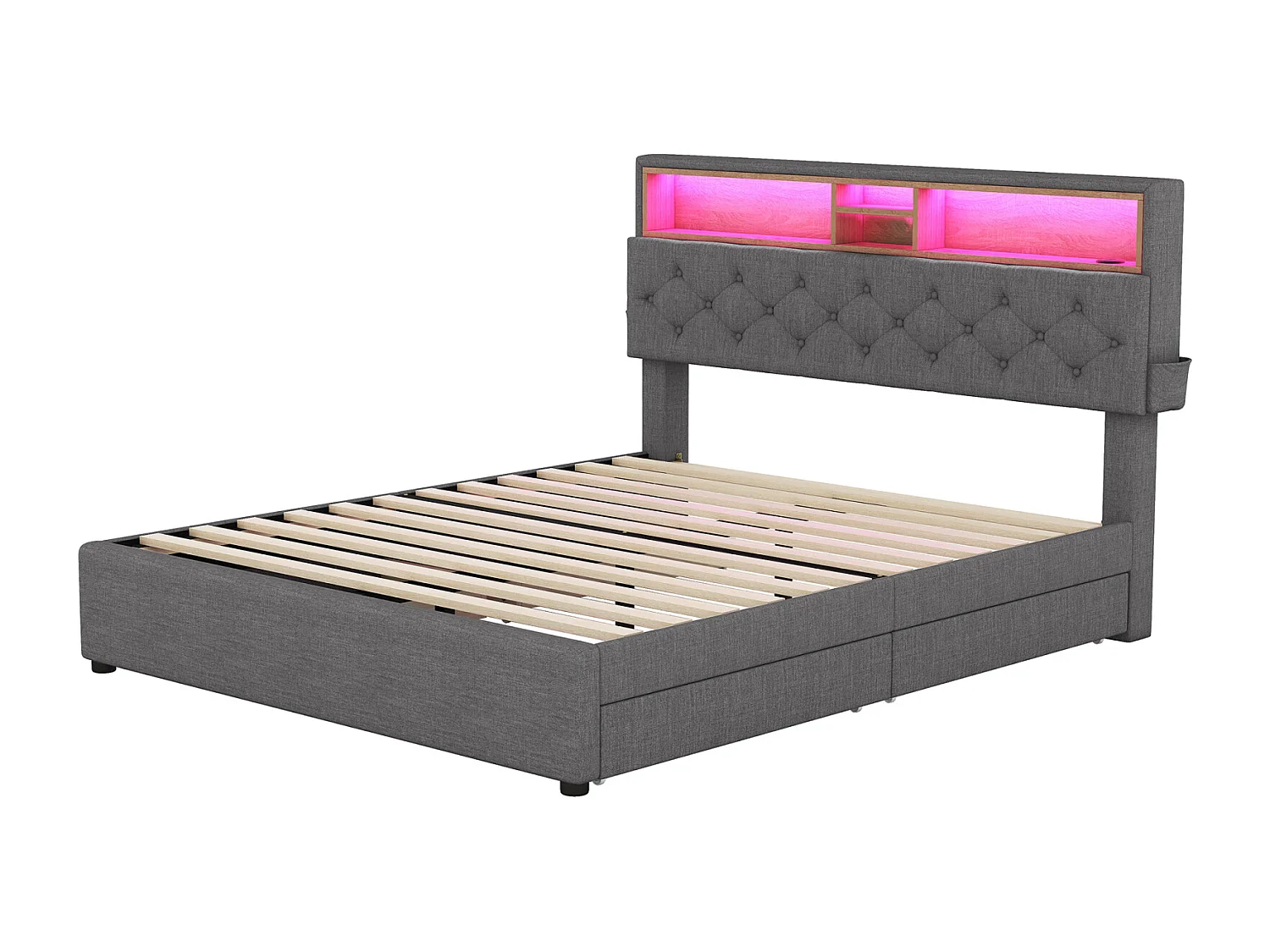 Tweepersoonsbed 140x200 cm, met 4 lades, lattenbodem en opberghoofdbord met USB-oplading en LED, in linnen, grijs