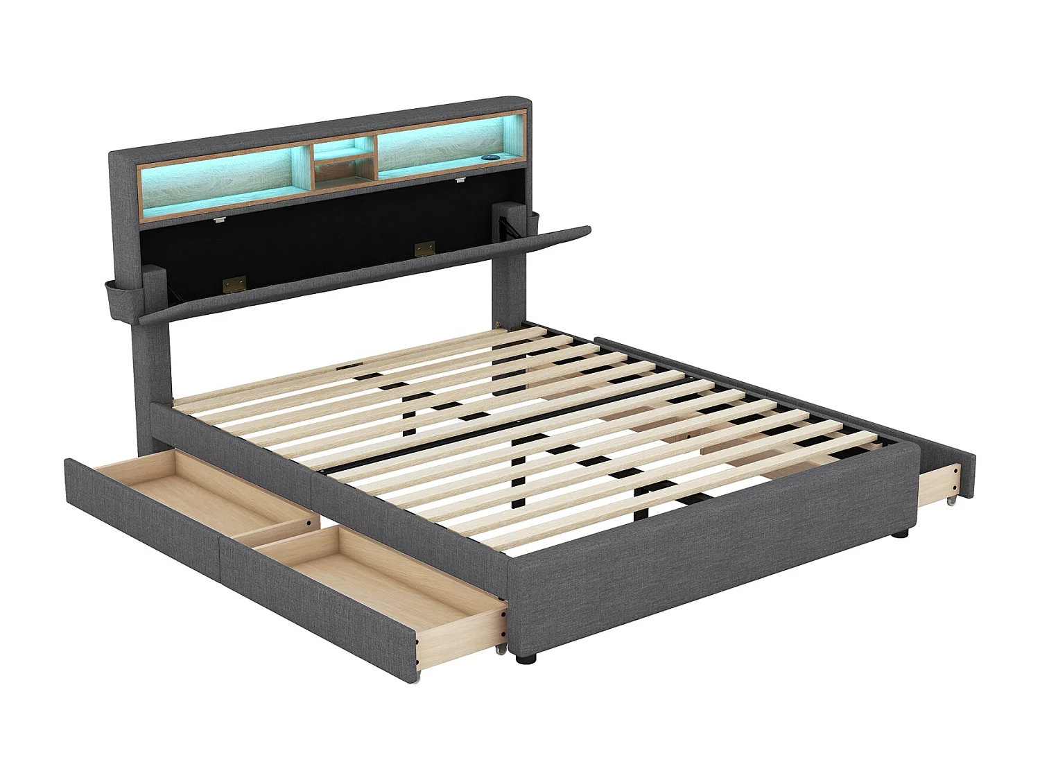 Tweepersoonsbed 140x200 cm, met 4 lades, lattenbodem en opberghoofdbord met USB-oplading en LED, in linnen, grijs