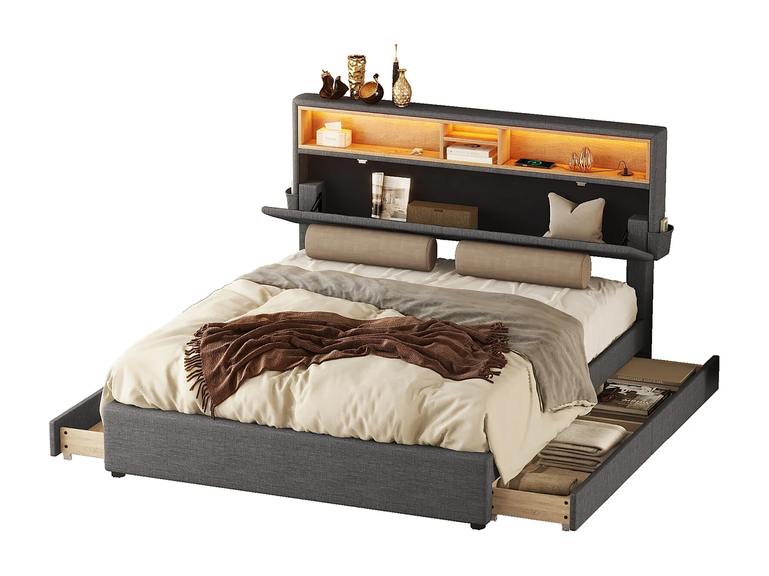 Tweepersoonsbed 140x200 cm, met 4 lades, lattenbodem en opberghoofdbord met USB-oplading en LED, in linnen, grijs