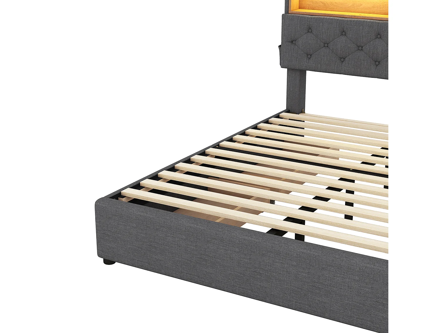 Tweepersoonsbed 140x200 cm, met 4 lades, lattenbodem en opberghoofdbord met USB-oplading en LED, in linnen, grijs