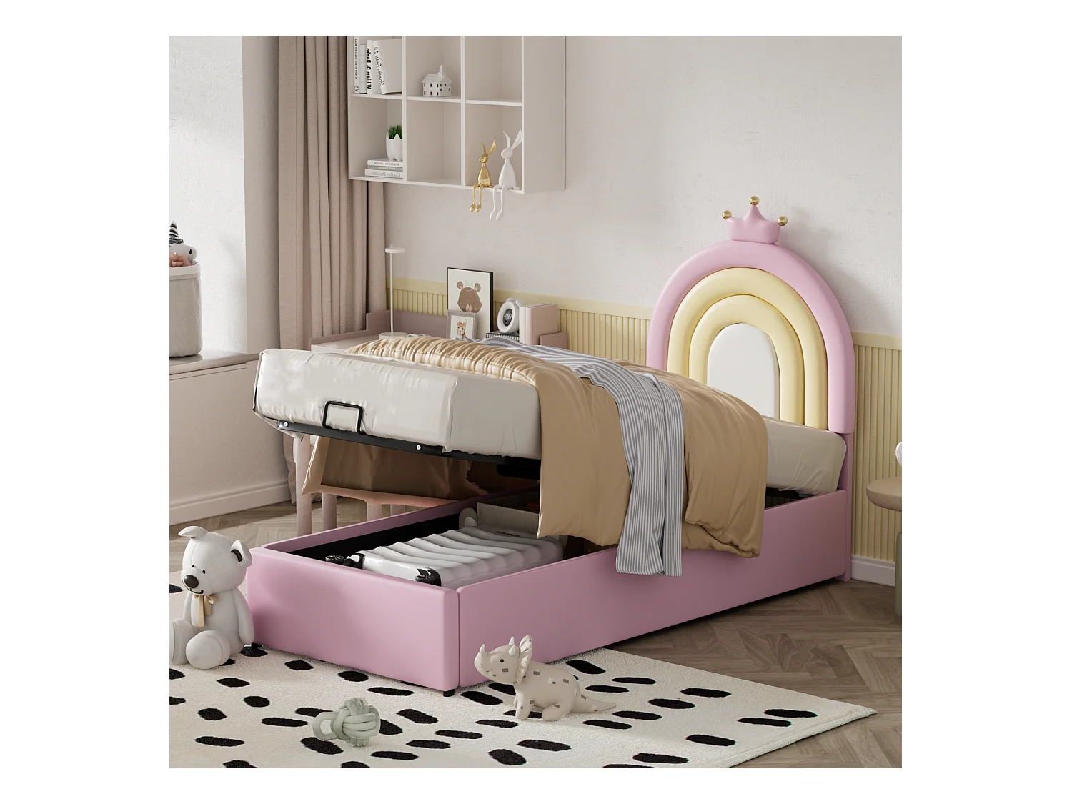 Lit coffre d'enfant, lit fille rembourré avec sommier à lattes et tête de lit beau réglable en hauteur, PU, rose, 90x200cm