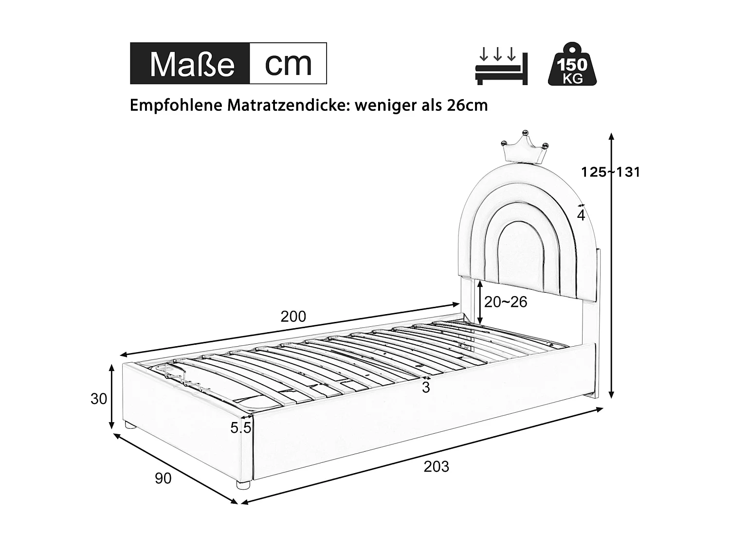 Kinderbett mit Stauraum, gepolstertes Mädchenbett mit Lattenrost und schönem höhenverstellbarem Kopfteil, PU, ​​rosa, 90x200cm