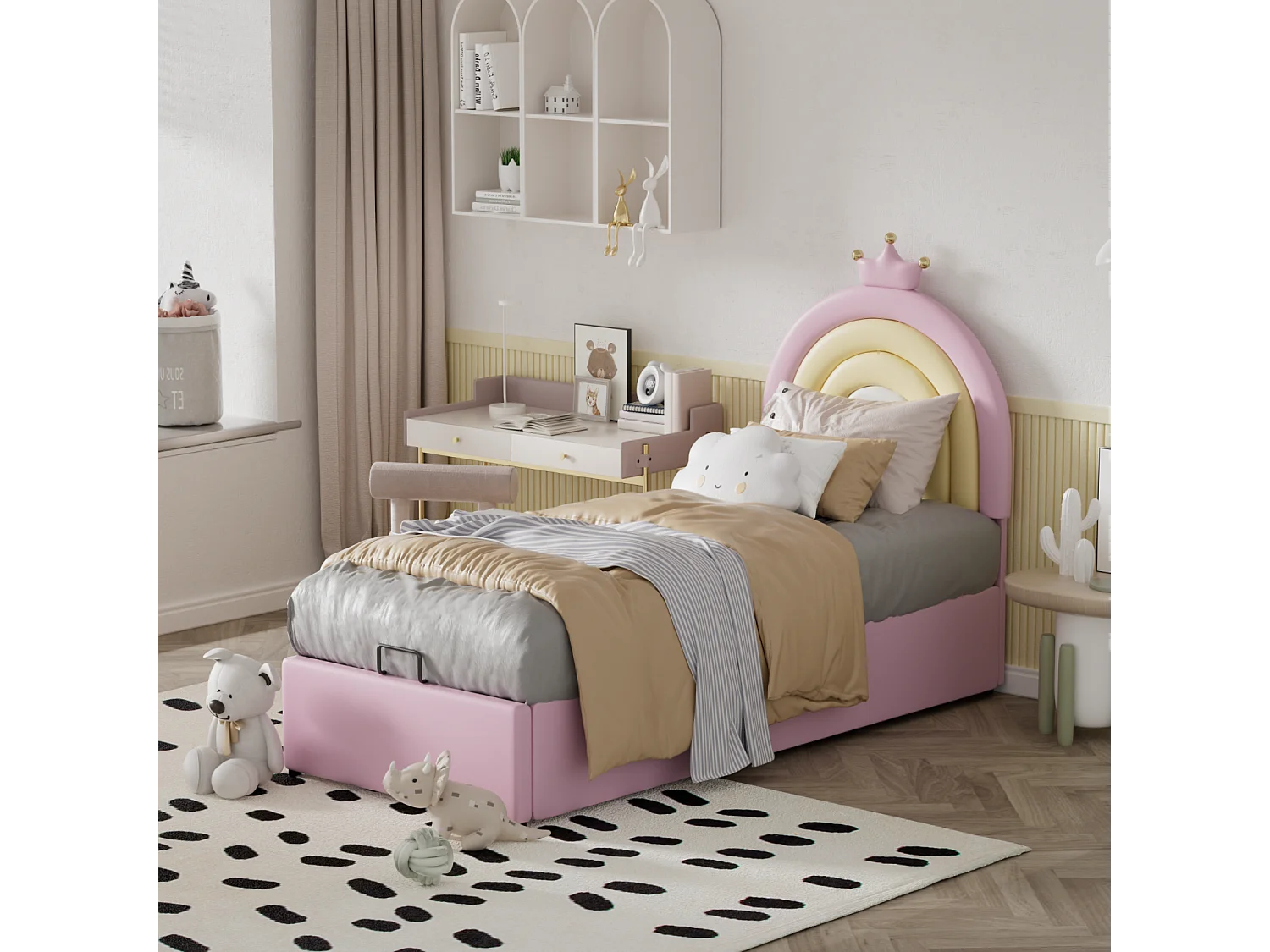 Lit coffre d'enfant, lit fille rembourré avec sommier à lattes et tête de lit beau réglable en hauteur, PU, rose, 90x200cm