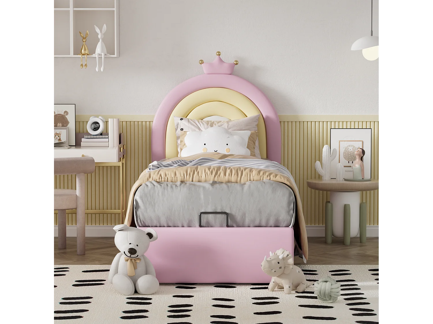 Lit coffre d'enfant, lit fille rembourré avec sommier à lattes et tête de lit beau réglable en hauteur, PU, rose, 90x200cm