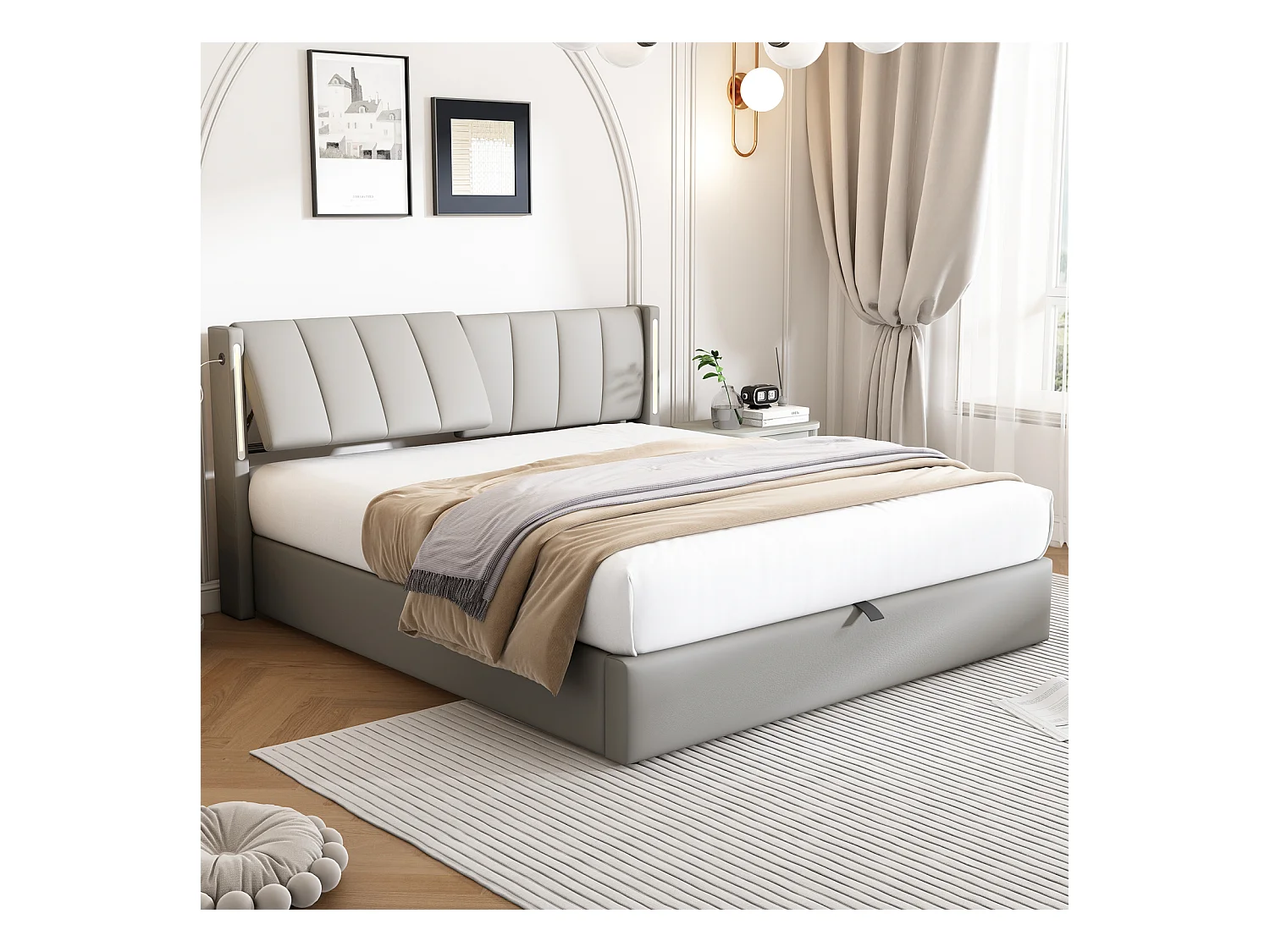 Lit coffre avec binaural, lit rembourré en PU, avec sommier à lattes, et tête de lit réglable LED et Port USB, Gris 180x200cm