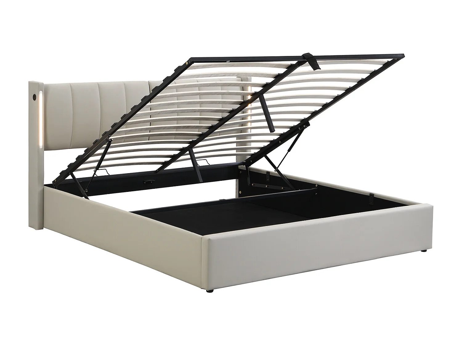 Lit coffre avec binaural, lit rembourré en PU, avec sommier à lattes, et tête de lit réglable LED et Port USB, Gris 180x200cm