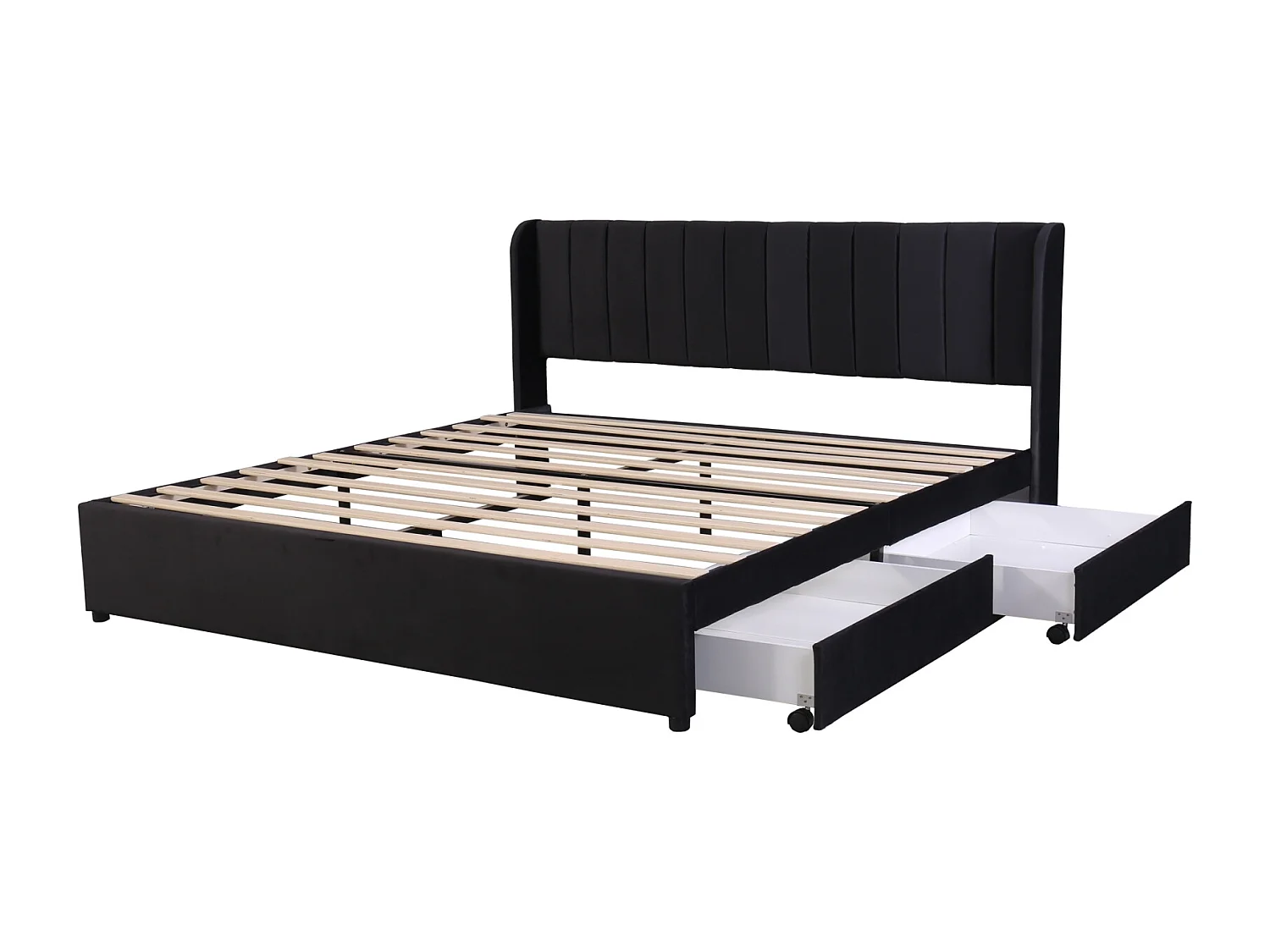 Cama de casal 160x200cm, forrada a veludo, com 2 gavetas, estrado e cabeceira de ripas, preta