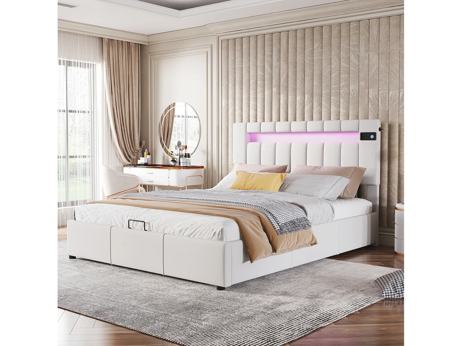 LED-opbergbed 140 x 200 cm - met bluetooth-speler, USB-opladen, lattenbodem, hoofdbord, fluweel, Scandinavisch gestoffeerd bed - Beige