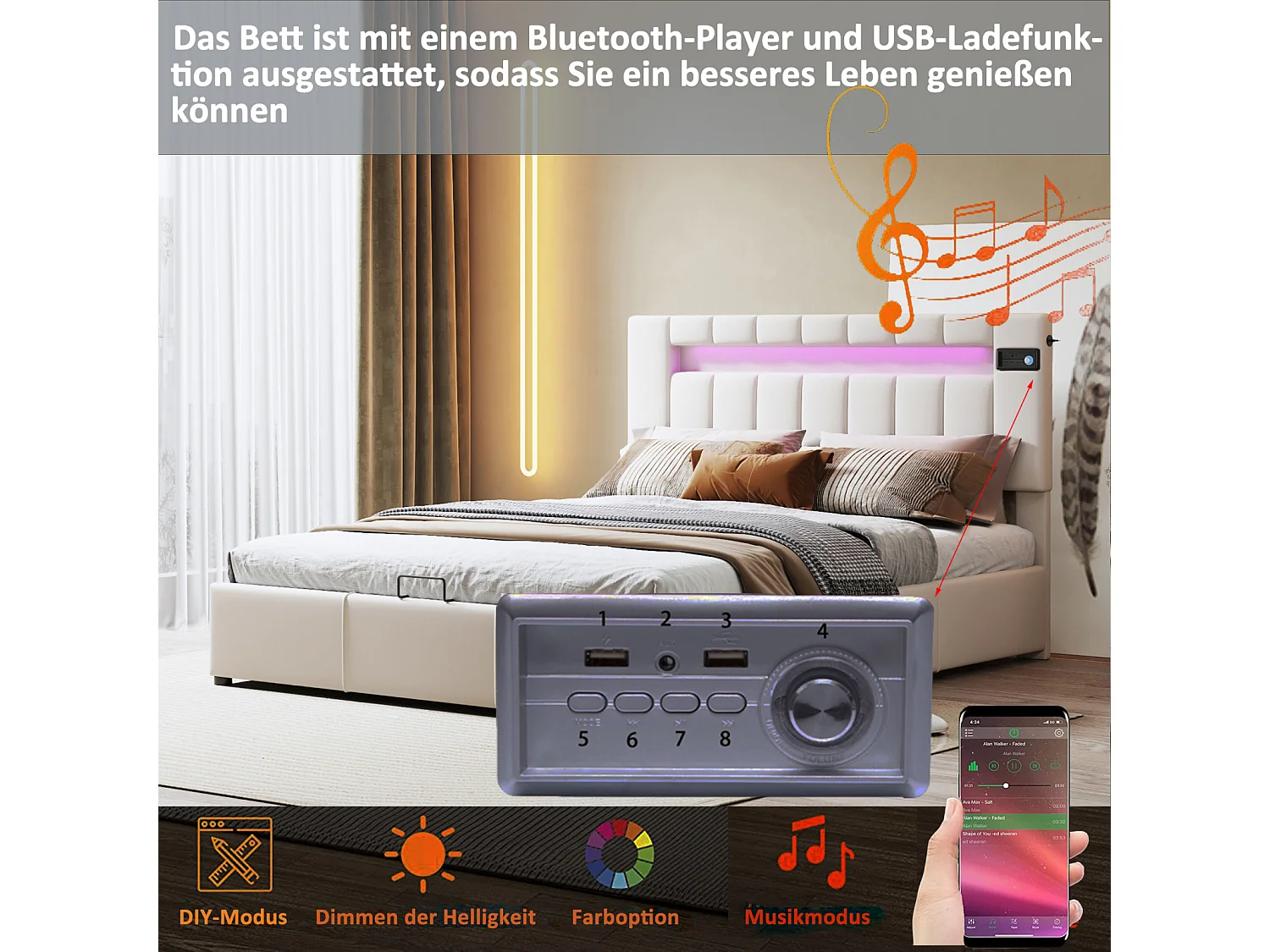 LED-opbergbed 140 x 200 cm - met bluetooth-speler, USB-opladen, lattenbodem, hoofdbord, fluweel, Scandinavisch gestoffeerd bed - Beige