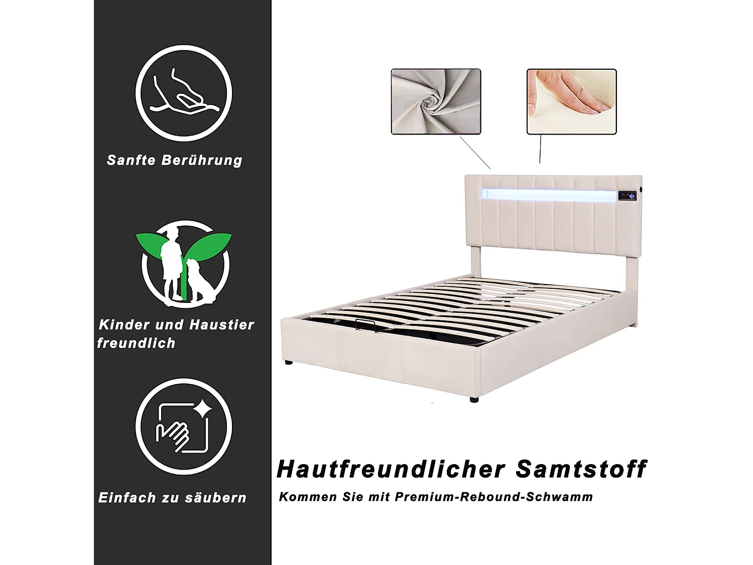 LED-opbergbed 140 x 200 cm - met bluetooth-speler, USB-opladen, lattenbodem, hoofdbord, fluweel, Scandinavisch gestoffeerd bed - Beige