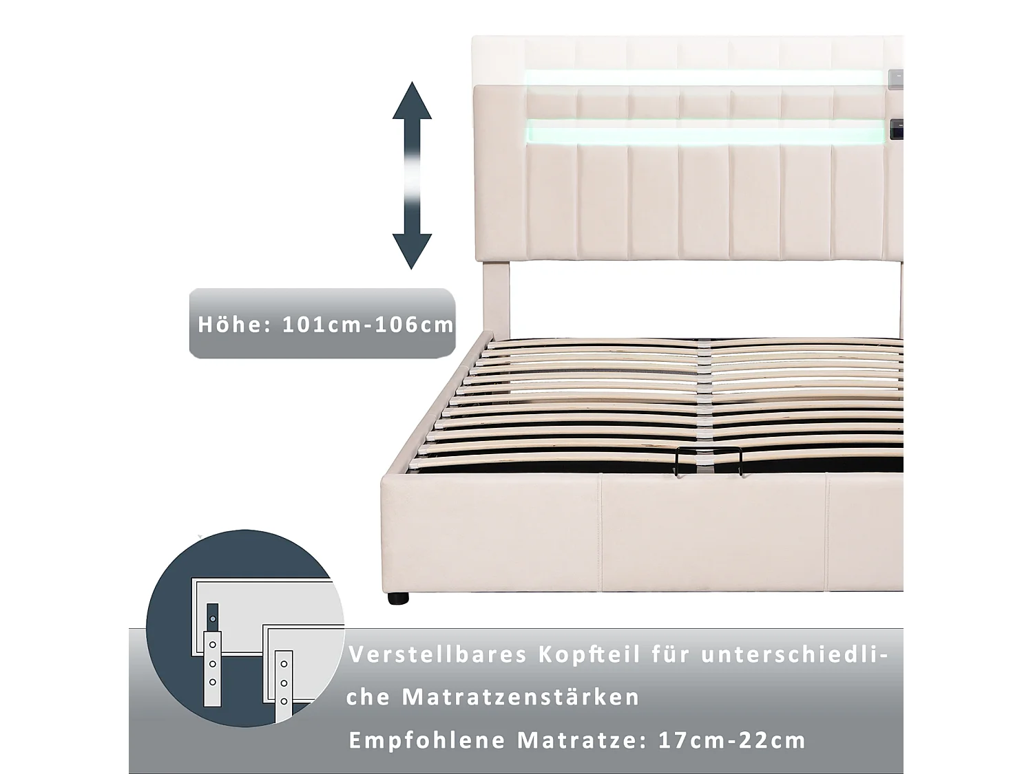 LED-opbergbed 140 x 200 cm - met bluetooth-speler, USB-opladen, lattenbodem, hoofdbord, fluweel, Scandinavisch gestoffeerd bed - Beige
