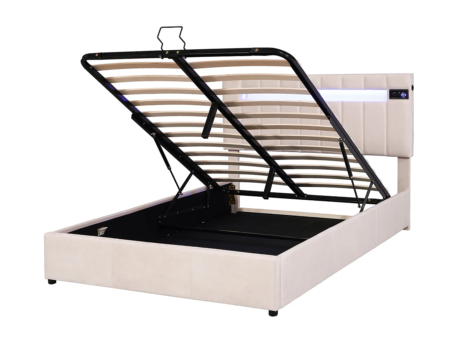 LED-opbergbed 140 x 200 cm - met bluetooth-speler, USB-opladen, lattenbodem, hoofdbord, fluweel, Scandinavisch gestoffeerd bed - Beige