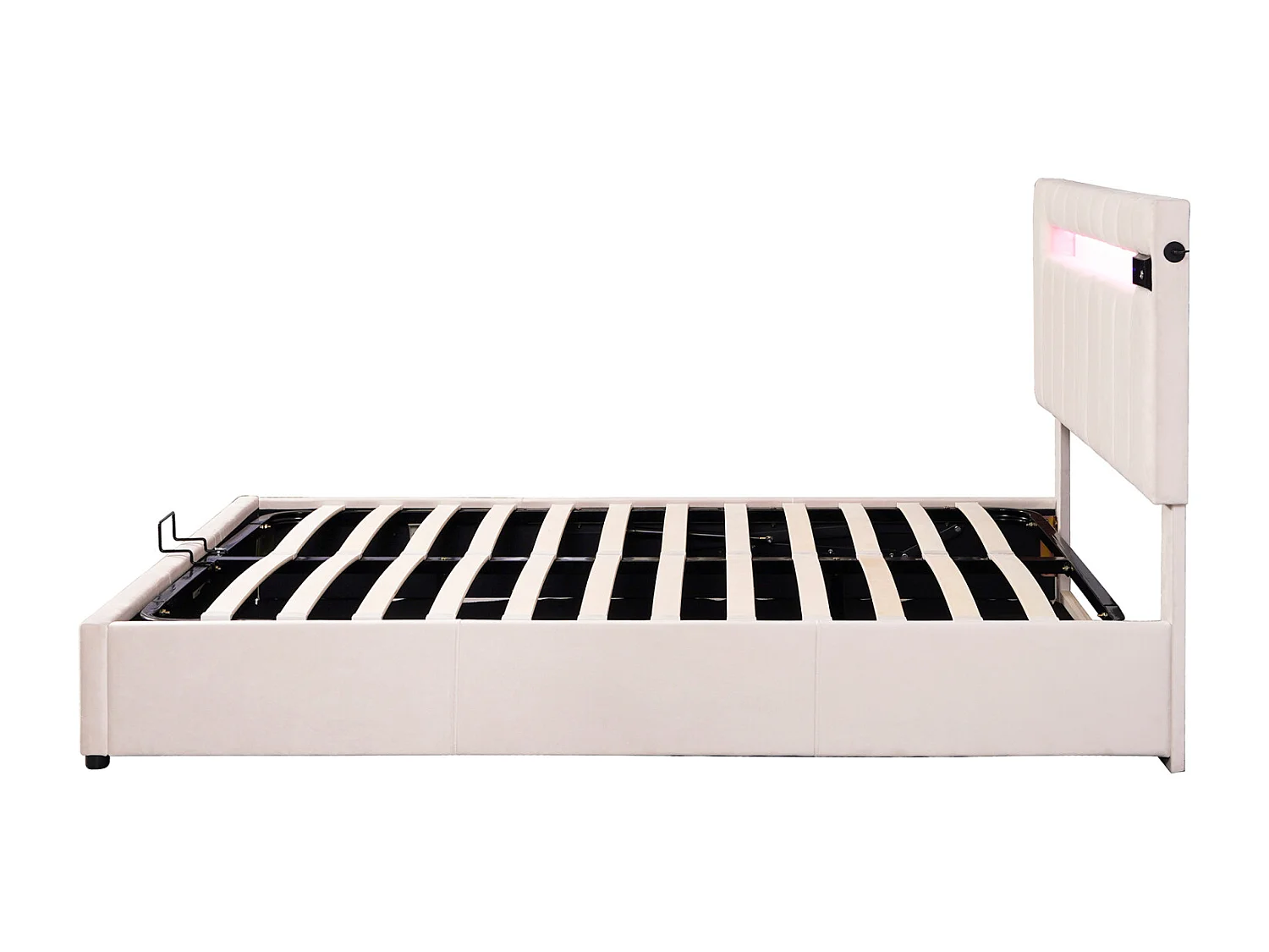 LED-opbergbed 140 x 200 cm - met bluetooth-speler, USB-opladen, lattenbodem, hoofdbord, fluweel, Scandinavisch gestoffeerd bed - Beige