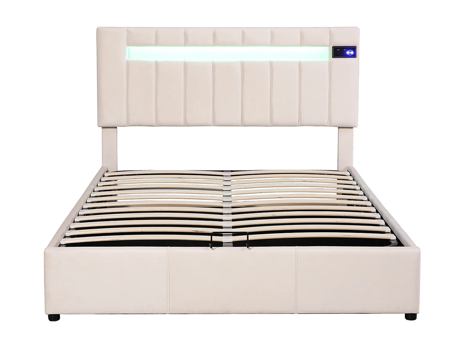 LED-opbergbed 140 x 200 cm - met bluetooth-speler, USB-opladen, lattenbodem, hoofdbord, fluweel, Scandinavisch gestoffeerd bed - Beige
