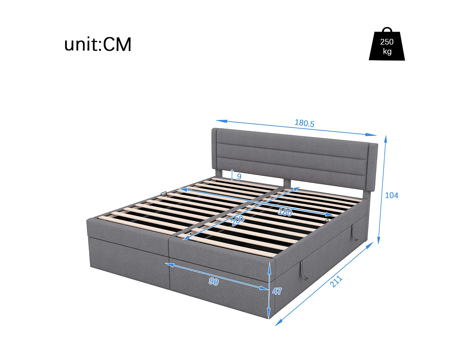Lit coffre 180x200cm, Lit plat adulte double rembourré, peut être soulevé et abaissé, avec sommier à lattes et tête de lit, gris
