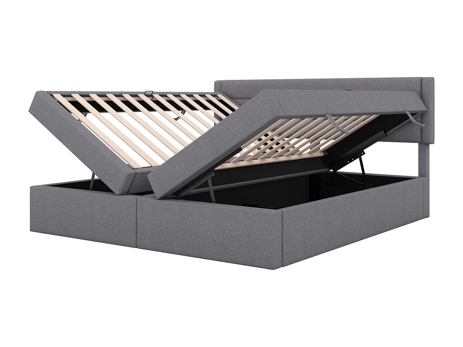 Lit coffre 180x200cm, Lit plat adulte double rembourré, peut être soulevé et abaissé, avec sommier à lattes et tête de lit, gris