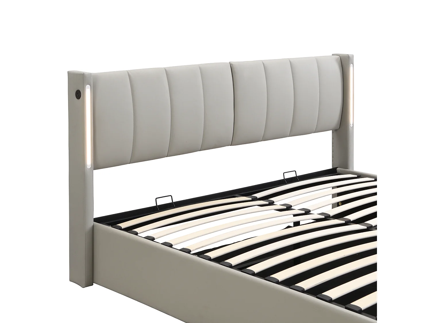 Opbergbed met binaural, PU gestoffeerd bed, met lattenbodem en verstelbaar hoofdeinde LED en USB-poort, Grijs 140x200cm