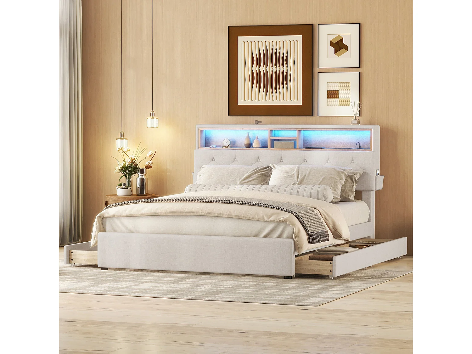 Tweepersoonsbed 140x200 cm, met 4 lades, lattenbodem en opberghoofdbord met USB-oplading en LED, in linnen, beige