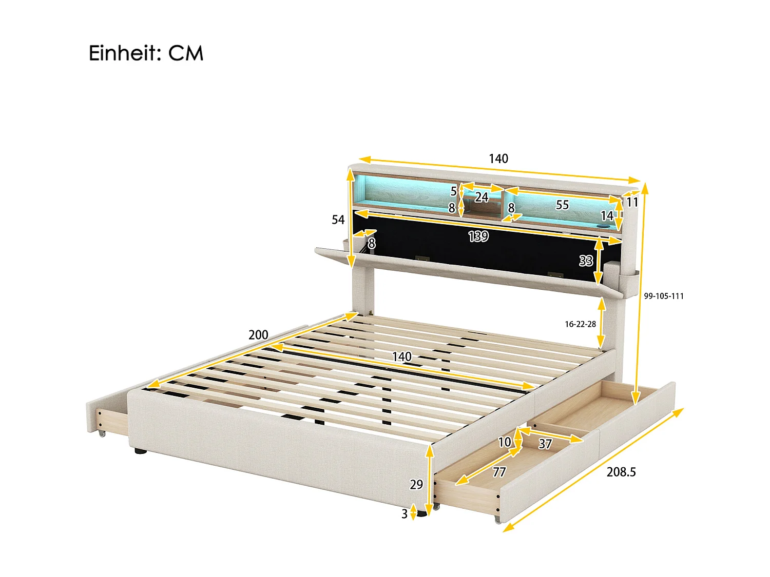Tweepersoonsbed 140x200 cm, met 4 lades, lattenbodem en opberghoofdbord met USB-oplading en LED, in linnen, beige