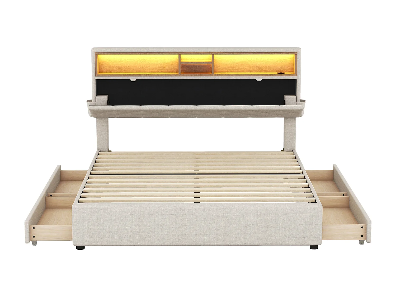 Tweepersoonsbed 140x200 cm, met 4 lades, lattenbodem en opberghoofdbord met USB-oplading en LED, in linnen, beige