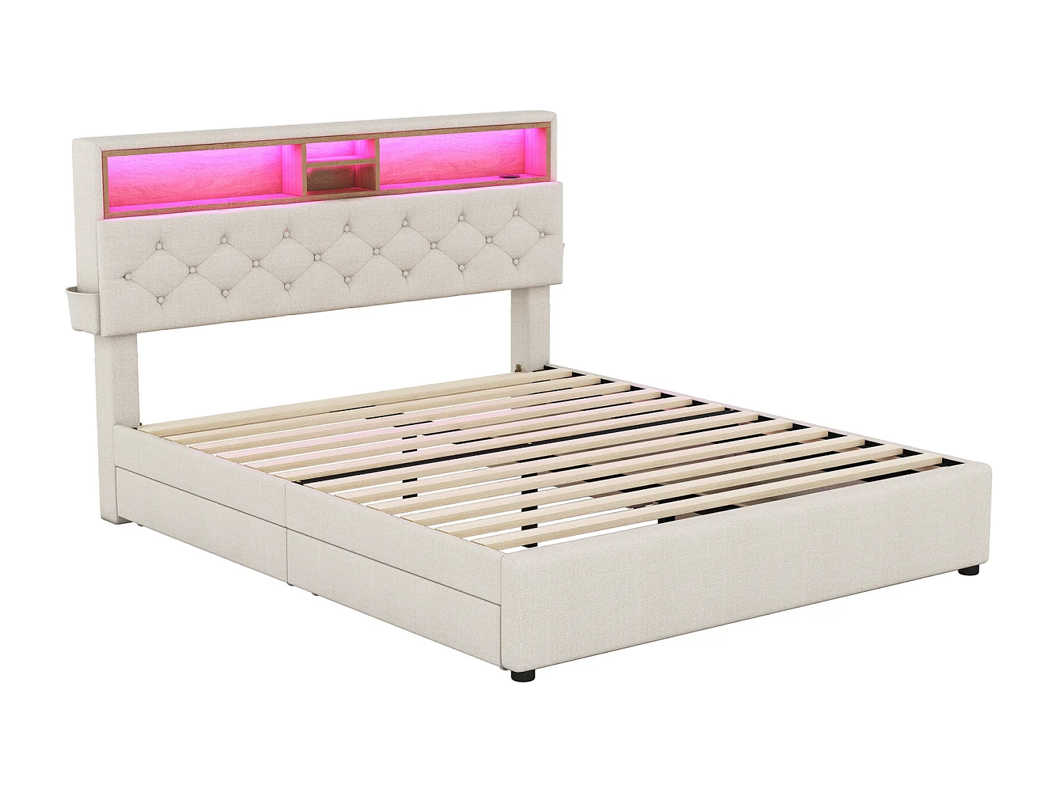 Lit double140x200 cm, avec 4 tiroirs, sommier à lattes et tête de lit rangement avec charge USB et LED, en lin, beige
