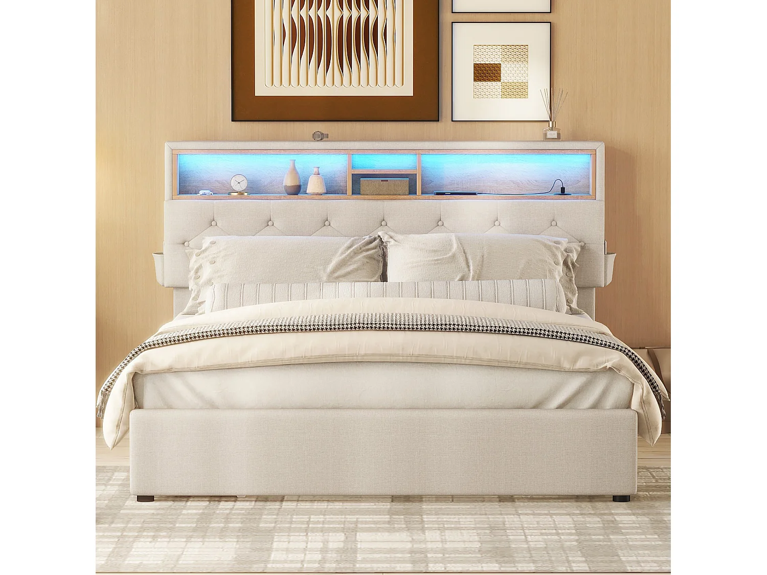 Lit double140x200 cm, avec 4 tiroirs, sommier à lattes et tête de lit rangement avec charge USB et LED, en lin, beige