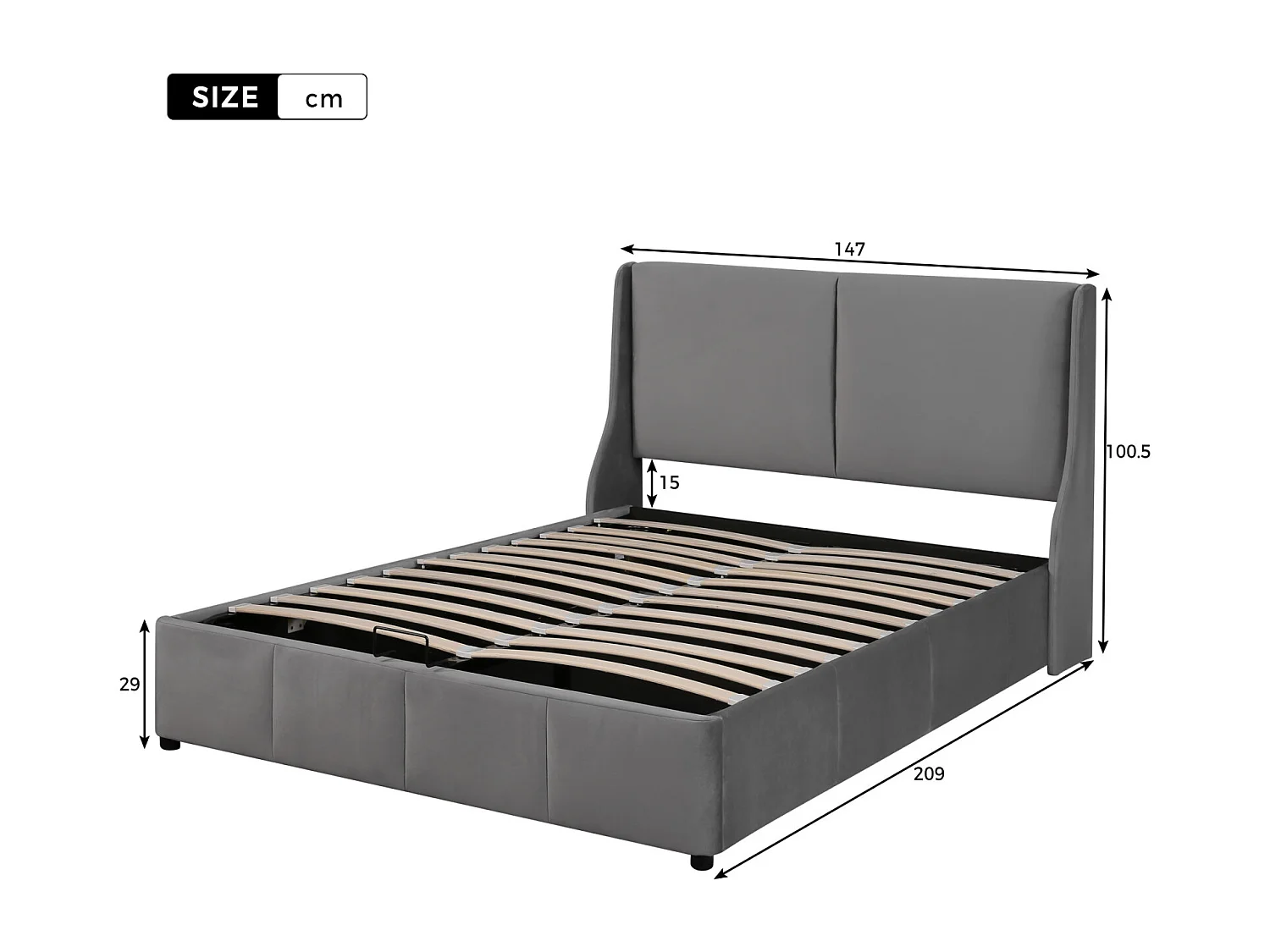 Lit coffre 140x200cm - lit double avec sommier à lattes, tête de lit en forme d'oreille, tissu velours, lit à fonction hydraulique - Gris