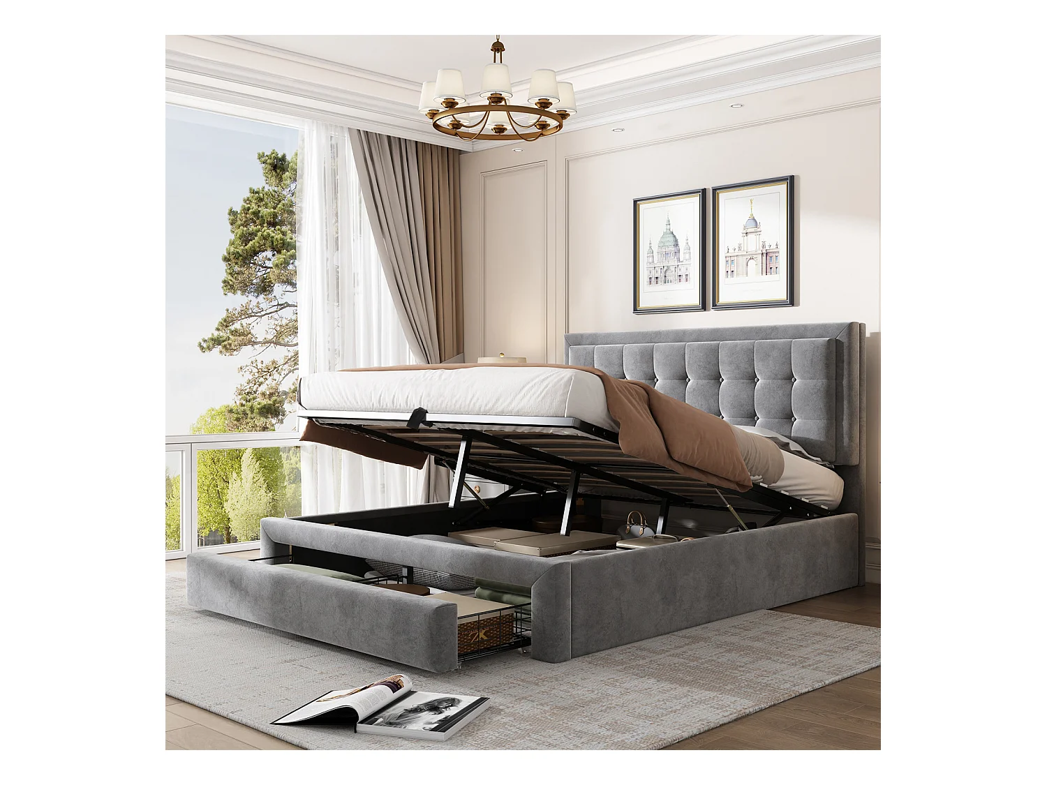 Lit coffre 140x190cm, lit double rembourré avec sommier à lattes et tête de lit réglable avec 2 tiroirs, tissu en velours, gris
