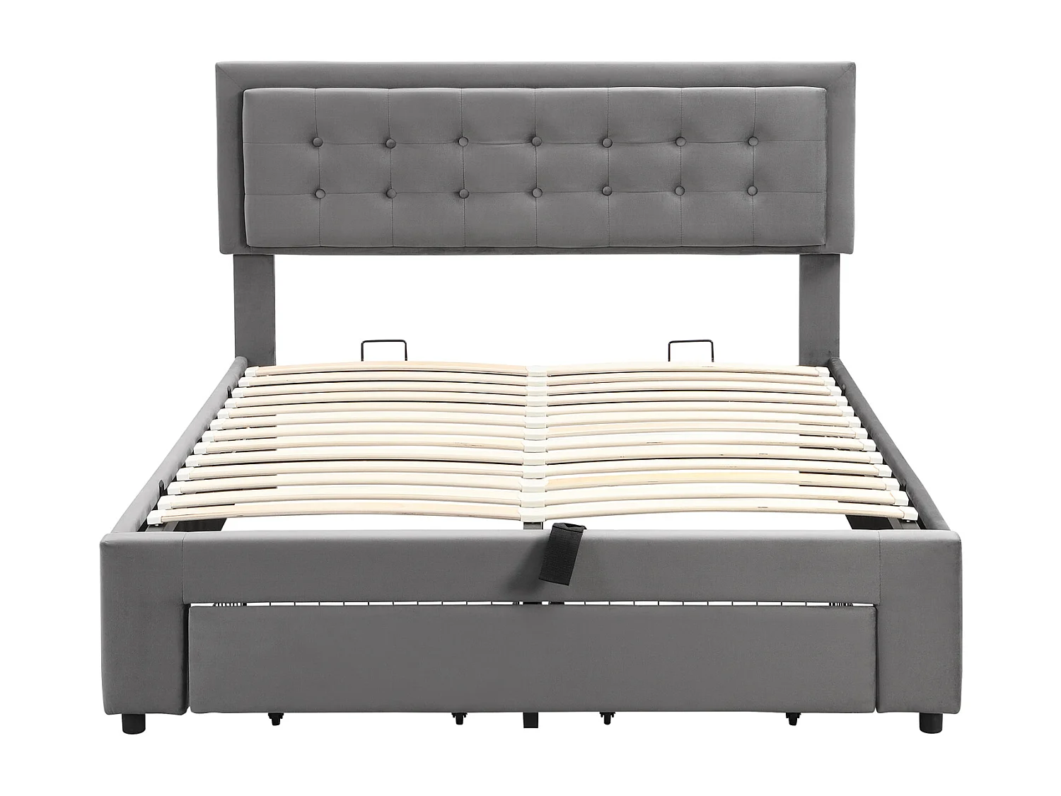 Lit coffre 140x190cm, lit double rembourré avec sommier à lattes et tête de lit réglable avec 2 tiroirs, tissu en velours, gris