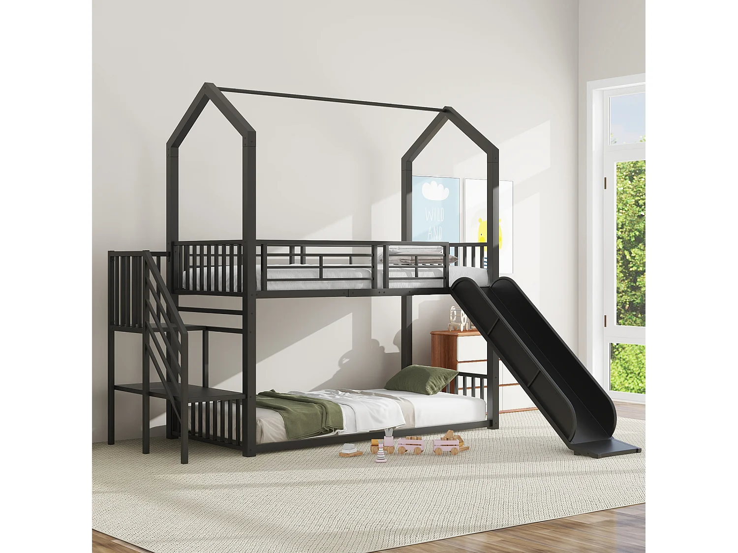 Lit superposé 90x200cm, cadre en fer avec escalier coulissant, toboggan, modélisation de la maison, stable et fiable, noir